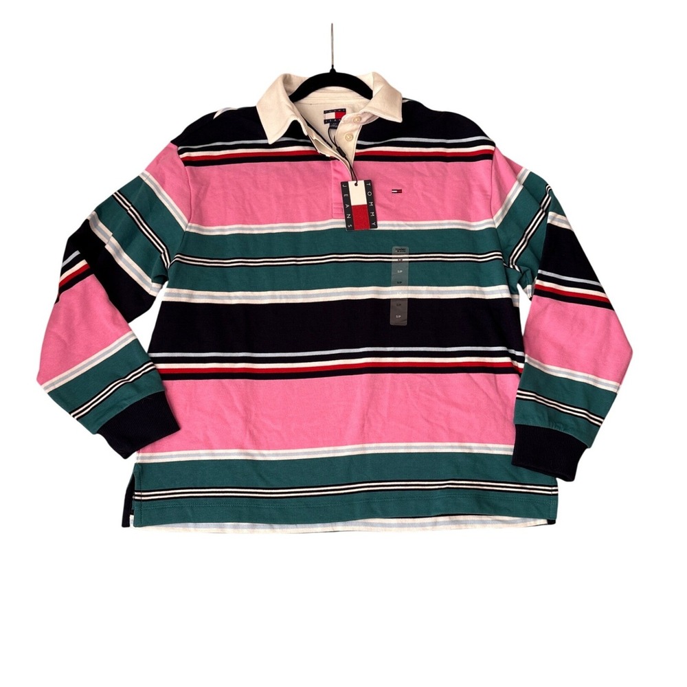 Tommy Jeans Rugby Shirt Womens Pink Teal Striped Vintage Style NWT SIZE Small
